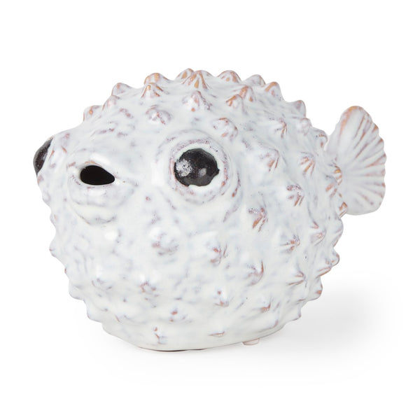 Mercana Spike Ceramic Puffer Fish Sculpture - Coastal Charm with Blue Gold Accents for Stylish Interiors Off-White Ceramic | 6H 68019