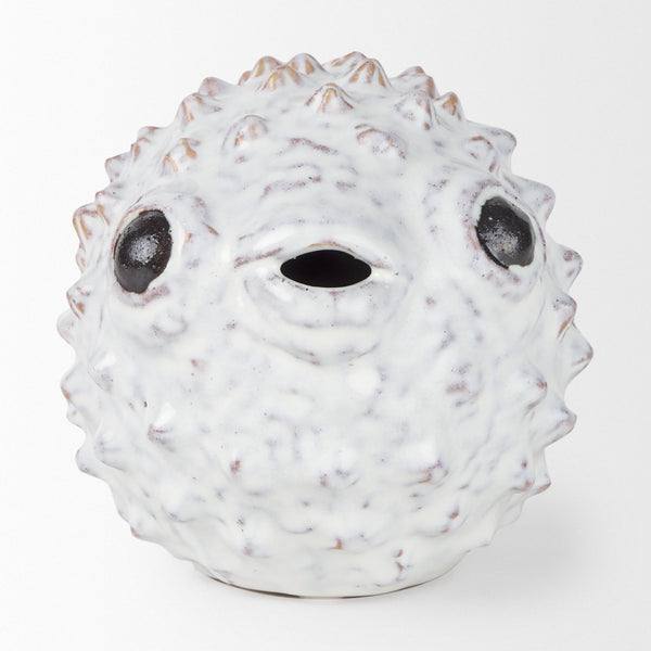 Mercana Spike Ceramic Puffer Fish Sculpture - Coastal Charm with Blue Gold Accents for Stylish Interiors Off-White Ceramic | 6H 68019