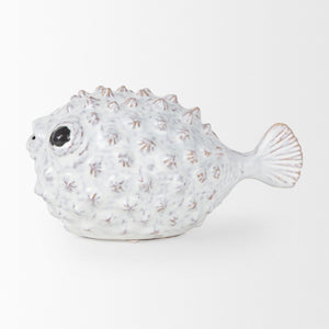 Mercana Spike Ceramic Puffer Fish Sculpture - Coastal Charm with Blue Gold Accents for Stylish Interiors Off-White Ceramic | 6H 68019