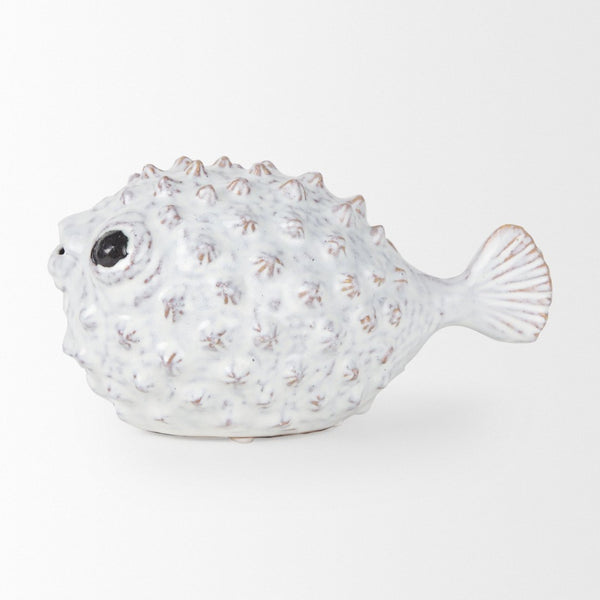 Mercana Spike Ceramic Puffer Fish Sculpture - Coastal Charm with Blue Gold Accents for Stylish Interiors Off-White Ceramic | 6H 68019
