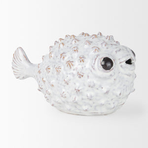 Mercana Spike Ceramic Puffer Fish Sculpture - Coastal Charm with Blue Gold Accents for Stylish Interiors Off-White Ceramic | 6H 68019