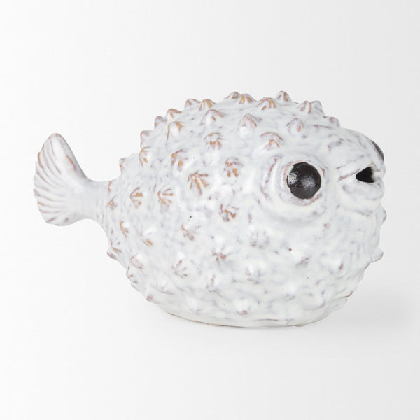 Mercana Spike Ceramic Puffer Fish Sculpture - Coastal Charm with Blue Gold Accents for Stylish Interiors Off-White Ceramic | 6H 68019