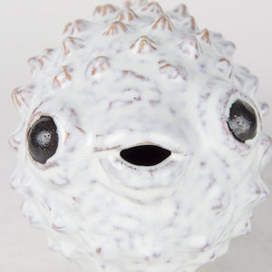 Mercana Spike Ceramic Puffer Fish Sculpture - Coastal Charm with Blue Gold Accents for Stylish Interiors Off-White Ceramic | 6H 68019
