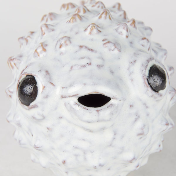 Mercana Spike Ceramic Puffer Fish Sculpture - Coastal Charm with Blue Gold Accents for Stylish Interiors Off-White Ceramic | 6H 68019