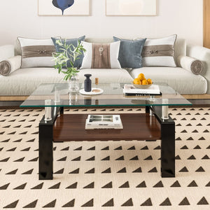 English Elm Rectangle Coffee Table With Tempered Glass Top & Mdf Shelf | Modern Centerpiece For Stylish Living Rooms W241P181455-GIGA