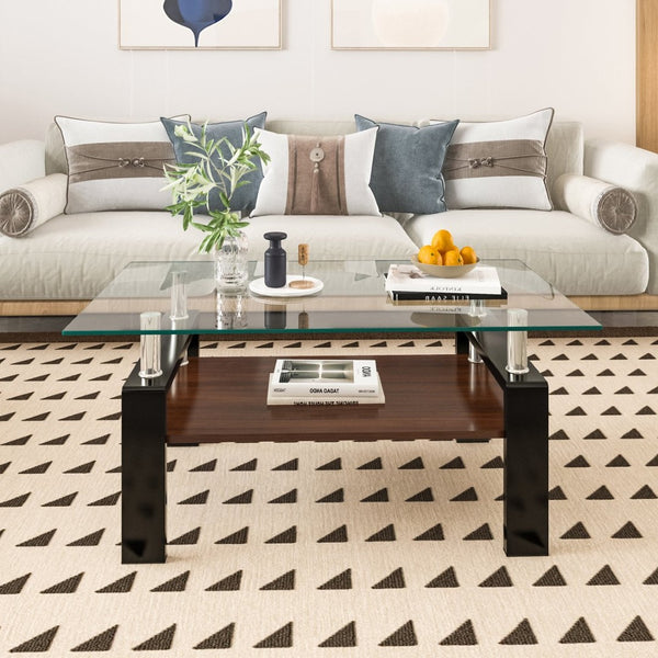 English Elm Rectangle Coffee Table With Tempered Glass Top & Mdf Shelf | Modern Centerpiece For Stylish Living Rooms W241P181455-GIGA