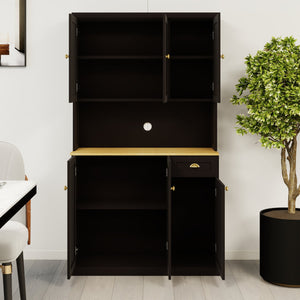 English Elm 71" Kitchen Pantry Storage Cabinet with Microwave Countertop, Freestanding Hutch with Shelves & Doors Black W282132413