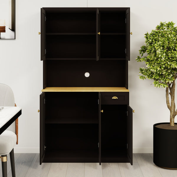 English Elm 71" Kitchen Pantry Storage Cabinet with Microwave Countertop, Freestanding Hutch with Shelves & Doors Black W282132413