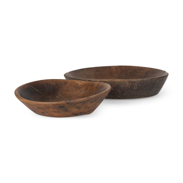 Mercana Nikita Large Reclaimed Wood Bowls - Rustic Centerpiece for Modern and Farmhouse Decor, Unique Design Medium Brown | Set of 2 70145