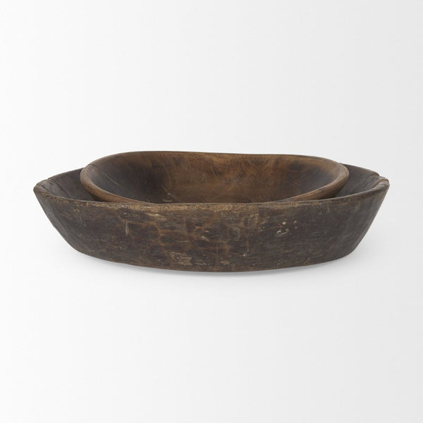 Mercana Nikita Large Reclaimed Wood Bowls - Rustic Centerpiece for Modern and Farmhouse Decor, Unique Design Medium Brown | Set of 2 70145