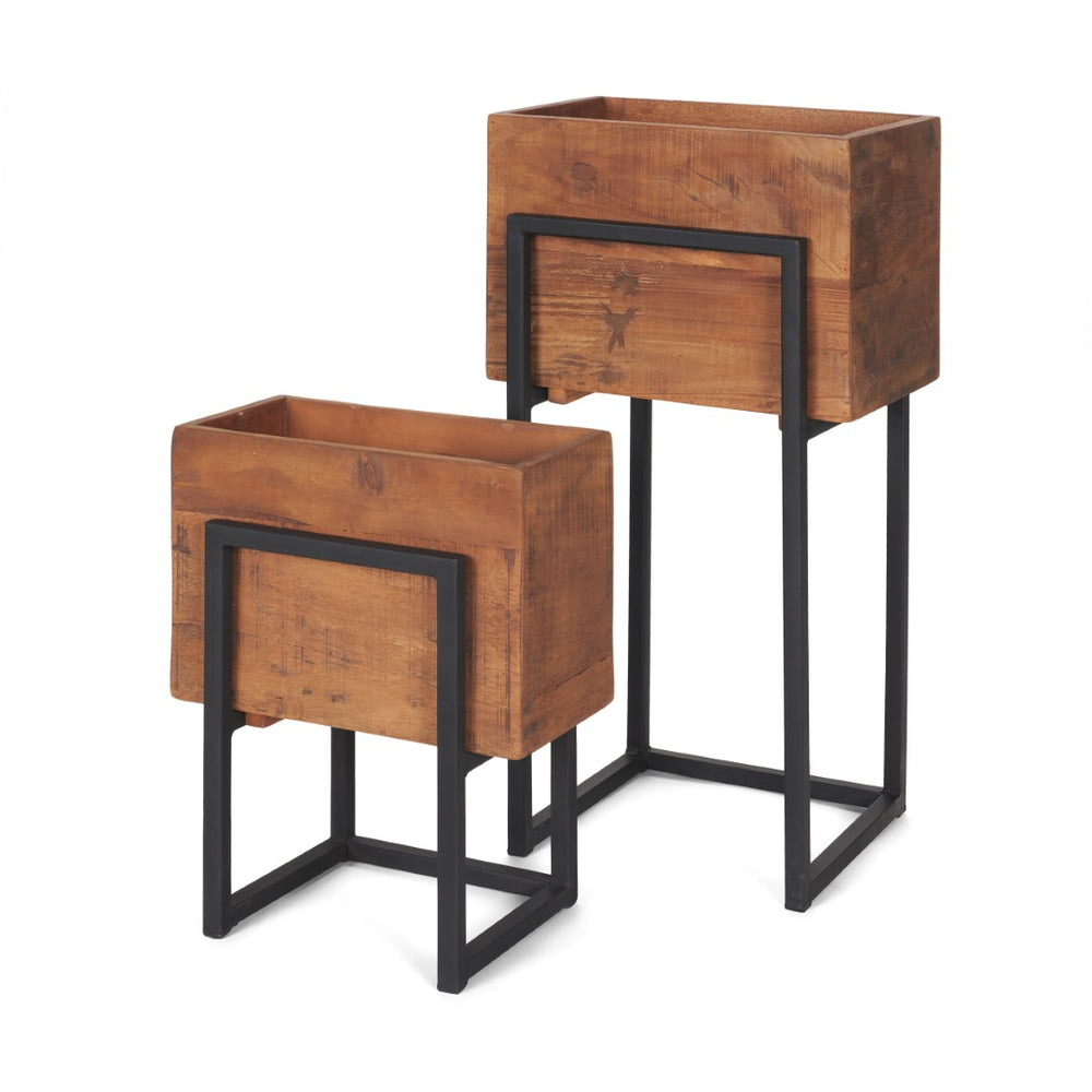 Mercana Jadine Set of 2 Rustic Wood Planters with Elegant Black Metal Frames for Indoor & Outdoor Decor Medium Brown | Rectangle 70157