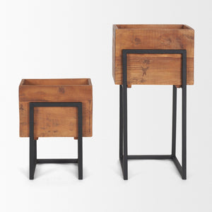 Mercana Jadine Set of 2 Rustic Wood Planters with Elegant Black Metal Frames for Indoor & Outdoor Decor Medium Brown | Rectangle 70157