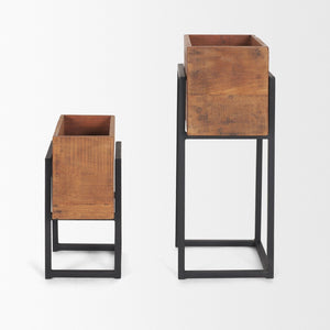 Mercana Jadine Set of 2 Rustic Wood Planters with Elegant Black Metal Frames for Indoor & Outdoor Decor Medium Brown | Rectangle 70157
