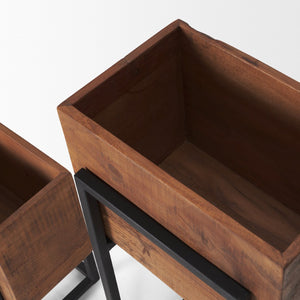 Mercana Jadine Set of 2 Rustic Wood Planters with Elegant Black Metal Frames for Indoor & Outdoor Decor Medium Brown | Rectangle 70157