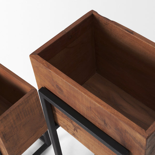 Mercana Jadine Set of 2 Rustic Wood Planters with Elegant Black Metal Frames for Indoor & Outdoor Decor Medium Brown | Rectangle 70157