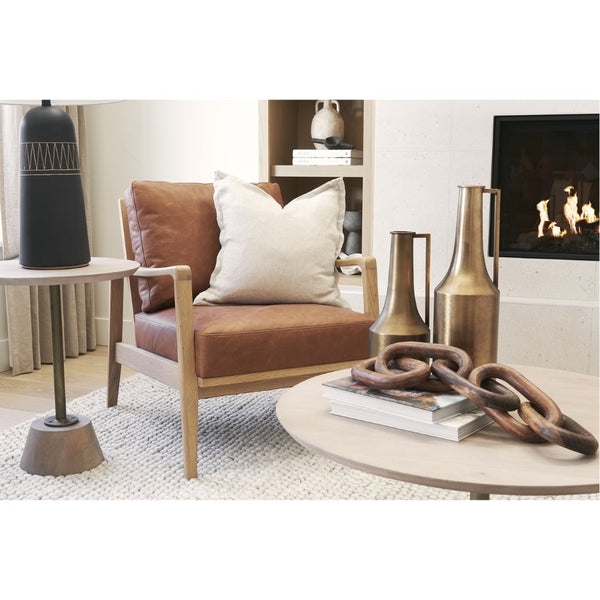 Mercana Maxwell 20" Round Wood Pedestal Side Table – Elegant Accent for Modern Living Spaces and Corners Light Brown Wood | Gold Metal 69205