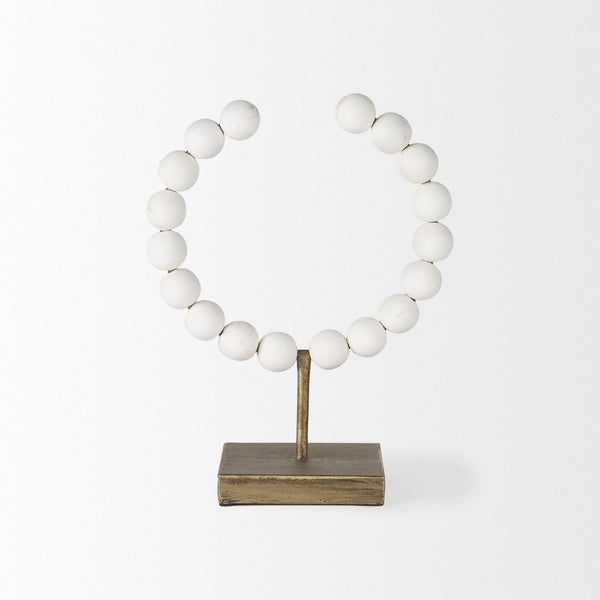 Mercana Pontchartrain Decorative Object - Hand-Finished White Beaded Broken Sphere with Gold Base Accent White Wood | 12H 68680