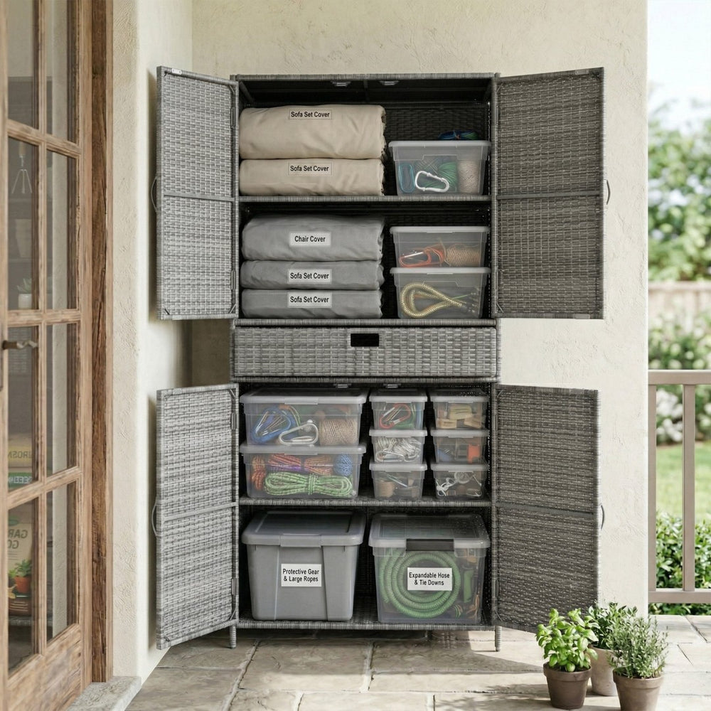English Elm K&k Tall Arched Pe Rattan Outdoor Storage Cabinet with Adjustable Shelves and Steel Frame Grey N707P420102G