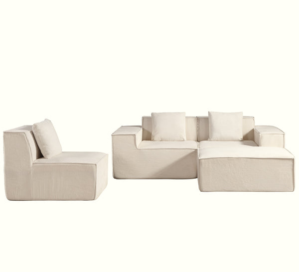 English Elm CozyForm Corduroy Convertible Sectional Sofa with Ottoman and Pillows, Modular L‑Shape Sleeper Comfort Beige B2735S00036