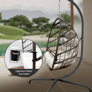 English Elm Swing Egg Chair with Stand - Foldable Wicker Rattan Hanging Basket, Safety Guardrail & Cup Holder beige brown W2707P184390