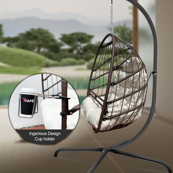 English Elm Swing Egg Chair with Stand - Foldable Wicker Rattan Hanging Basket, Safety Guardrail & Cup Holder beige brown W2707P184390