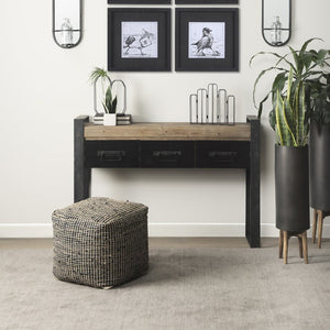 Mercana Aalia Handcrafted Pouf – Versatile Textured Accent for Contemporary and Global-Inspired Spaces Gray Leather & Jute 69561