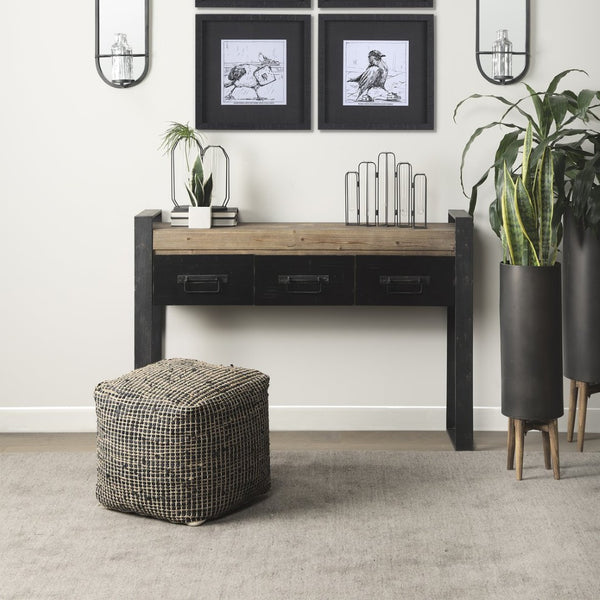 Mercana Aalia Handcrafted Pouf – Versatile Textured Accent for Contemporary and Global-Inspired Spaces Gray Leather & Jute 69561