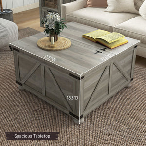 English Elm HOMCOM Farmhouse Coffee Table with Flip Lift Top and Hidden Storage, Square Center Table, Rustic Charm Gray W2225P217440