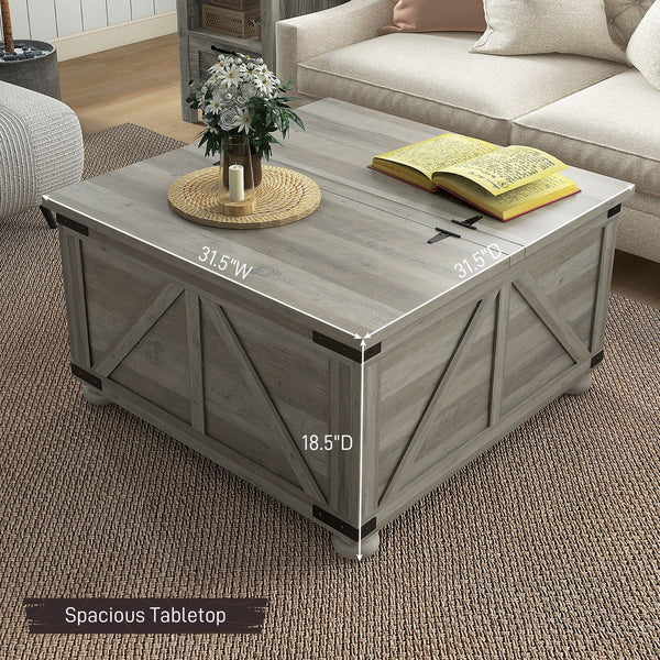 English Elm HOMCOM Farmhouse Coffee Table with Flip Lift Top and Hidden Storage, Square Center Table, Rustic Charm Gray W2225P217440