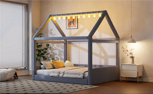 English Elm Full Size Upholstered House Daybed With Led Light Strips, Cozy Grey Corduroy For Stylish Spaces N7500001335E