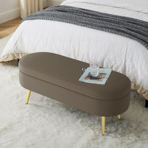 English Elm Ottoman Oval Flannel Storage Bench with Matte Metal Legs for Bedroom or Living Room Brown W487P438631
