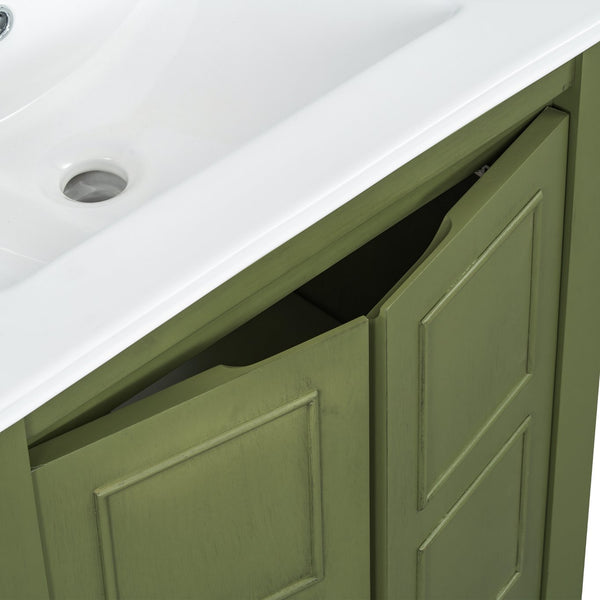 English Elm 24" Vintage Style Small Bathroom Vanity Olive Green with Ceramic Sink, Soft-Close Doors, Shelf (95) N729P292015F