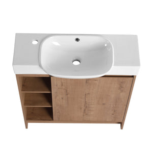 English Elm 30'' Freestanding vanity with white ceramic sink, soft-close doors, water-resistant melamine finish, modern handle design Imitative Oak W999P310754