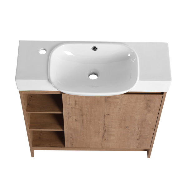 English Elm 30'' Freestanding vanity with white ceramic sink, soft-close doors, water-resistant melamine finish, modern handle design Imitative Oak W999P310754