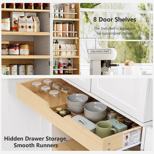 English Elm K&k Farmhouse Pantry Cabinet Tall Freestanding Kitchen Storage with Drawers Shelves White N707P356567W