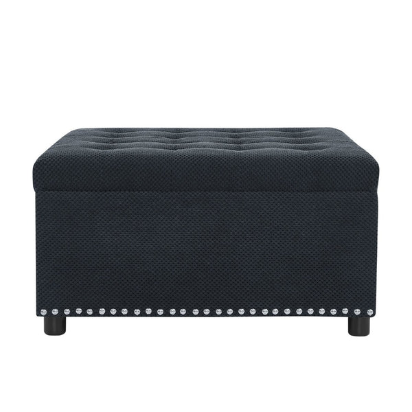 English Elm Storage Ottoman Tufted Nailhead Trim Lift Top Footstool for Living Room or Bedroom Black W5568P447086