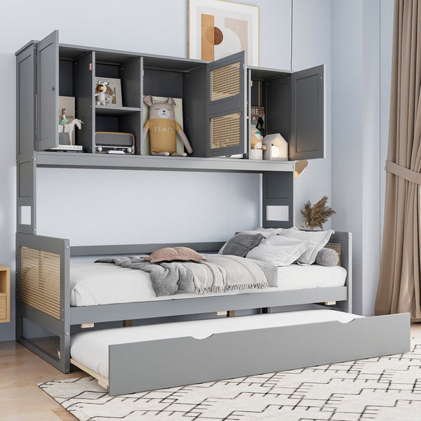 English Elm Twin Size Wooden Daybed With Trundle, Integrated Storage Cabinet & Shelves In Elegant Gray Finish N820S00048E-GIGA