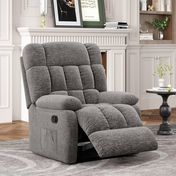 English Elm Recliner Upholstered PU Leather Rocker with Side Pocket, Ergonomic 110°–160° Adjustable Reclining Seat with Footrest, Sturdy Metal Frame for Living Room Comfort Grey T3623P380413