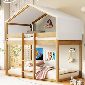 English Elm Twin Over Kids Bunk Bed with Tent Canopy Farmhouse Pinewood Playroom Frame Natural N708P248523M