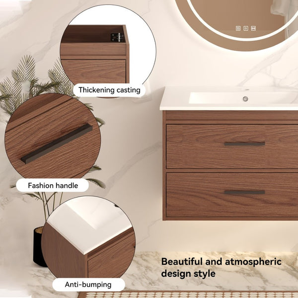 English Elm 30" Wall Mounted Bathroom Vanity Reddish Brown Mdf Two Soft Close Drawer Ceramic Sink W3133S00021