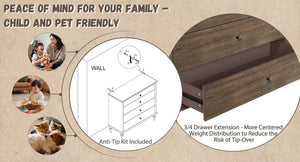 English Elm Large Antique Style 4-drawer Chest with Crown Molding Roman Legs Bedroom Storage Deep Rustic Brown W1445P422422