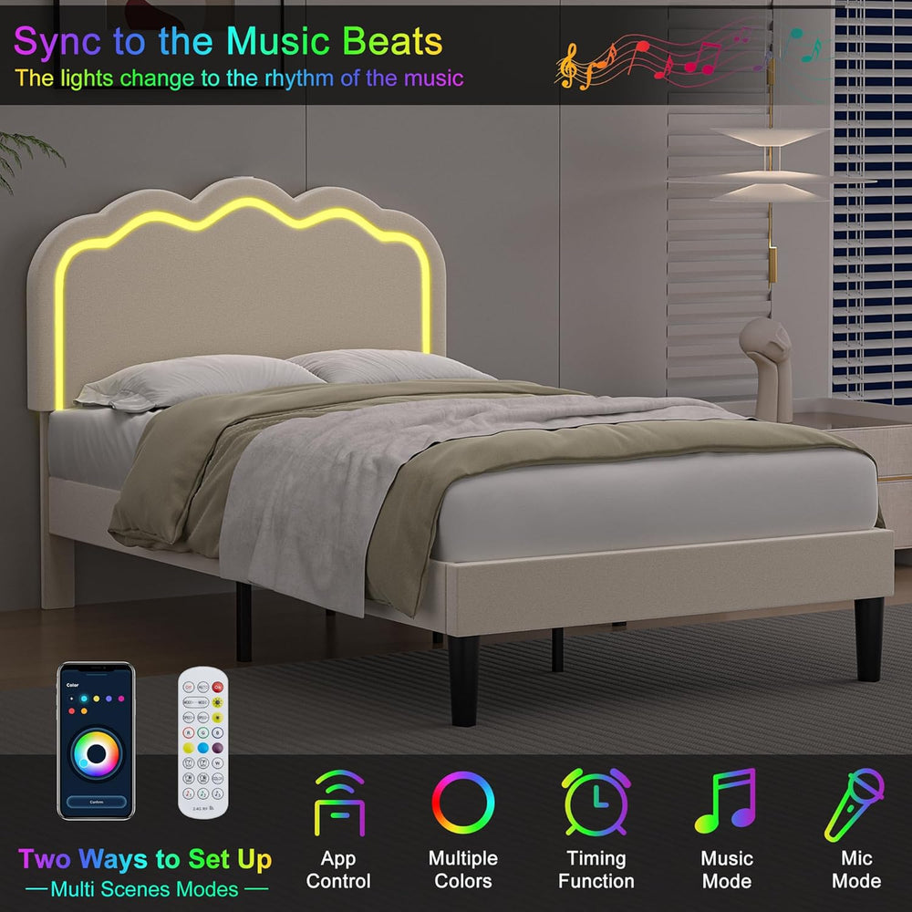 English Elm Twin Boucle Upholstered Platform Bed Frame with Headboard, Modern Rounded Corners, Plush Cozy Sleep Sanctuary Antique White W295P304408