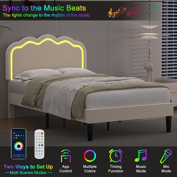 English Elm Twin Boucle Upholstered Platform Bed Frame with Headboard, Modern Rounded Corners, Plush Cozy Sleep Sanctuary Antique White W295P304408