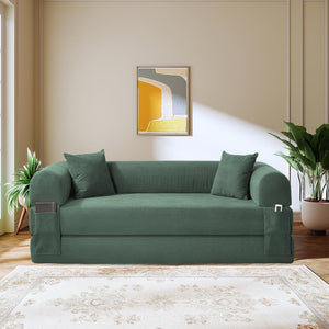 English Elm Convertible Corduroy Sleeper Sofa Queen Fold Out Bed with Dual Storage Pockets Light Green W3396P483185