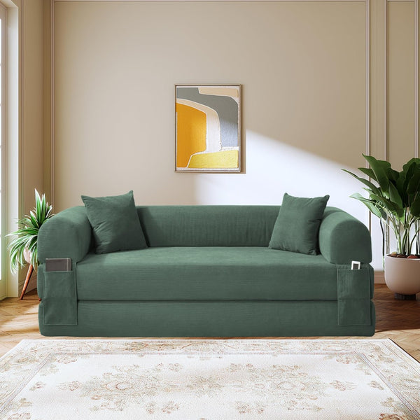 English Elm Convertible Corduroy Sleeper Sofa Queen Fold Out Bed with Dual Storage Pockets Light Green W3396P483185