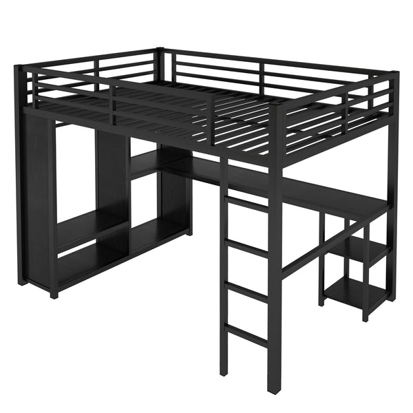 English Elm Full Size Loft Bed Frame With Wardrobe, Desk & Storage Shelves - Modern Black Metal Design W1580S00120