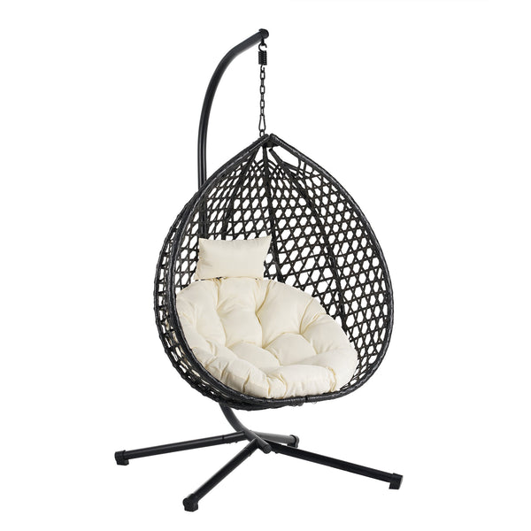 English Elm U_STYLE Sturdy Hammock Chair with HDPE Rattan Weave, Rust-Resistant Chain, Soft Removable Cushion Black+Beige N711P255131A