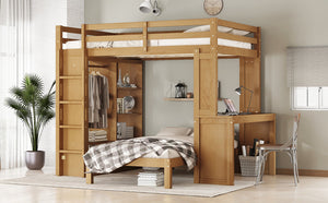 English Elm Full Solid Wood Loft Bed with Removable Lower Bed, Built-In Desk, Shelves & Wardrobe for Space-Saving Designs Natural W1580S00213