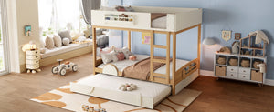 English Elm Queen Bunk Bed with Trundle Solid Pine Kids Car Themed Frame Built-in Bookshelf Natural+Beige W1580S00449