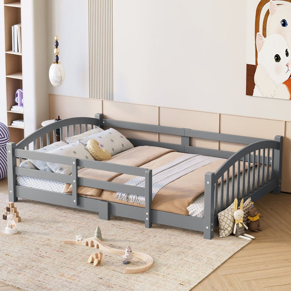 English Elm Full Montessori Pine Wood Floor Bed with Safety Rails Low Profile Kids Room Frame Gray N733P400299E